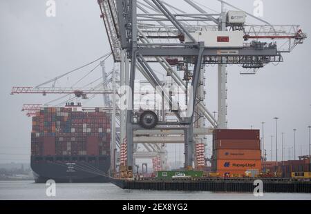 Das Containerschiff Umm Qarn am Liegeplatz am DP World Containerterminal im Hafen von Southampton. Bilddatum: Donnerstag, 4. März 2021. Stockfoto