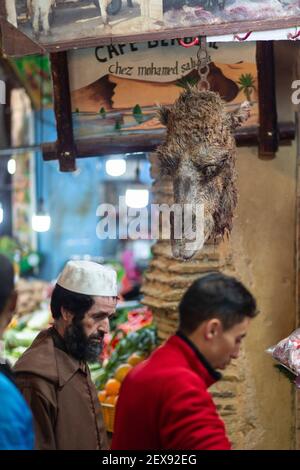 Ein enthauptete Kamelkopf, der über zwei einheimischen Männern in einer Metzgerei auf einem Markt (Souq) in der Medina von Fes, Marokko, hängt Stockfoto