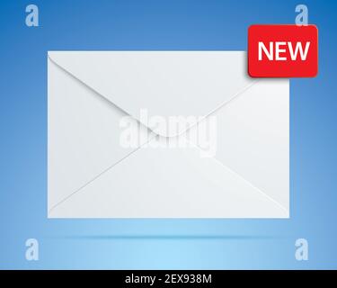 Neue Vektordarstellung für Nachrichten. Weißer Umschlag mit rotem Benachrichtigungssymbol isoliert auf blauem Hintergrund. Stock Vektor