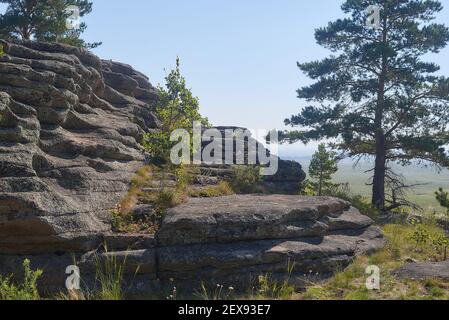 Die Spitze einer Bergkette vor dem Hintergrund Felder und Wälder Stockfoto