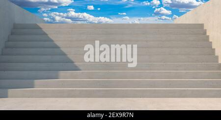 Treppe, Weg bis zum blauen bewölkten Himmel, sonniger Tag. Freiheit oder Erfolg Konzept. Steintreppe Betongrau Farbe, zeitgenössischen Stil, breite und leere st Stockfoto