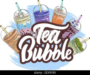 Bubble Tee Logo Kollektion, Asian Mann trinkt Tee mit Milch und Tapioka Blasen, Stock Vektor