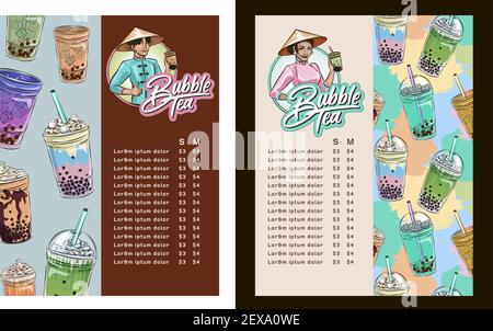 Menü-Design und Flyer Thai Perle Blase Tee-Menü für Ihr Café mit Blase Tee Getränke Design für vietnamesischen Tee Business-Druckset Stock Vektor