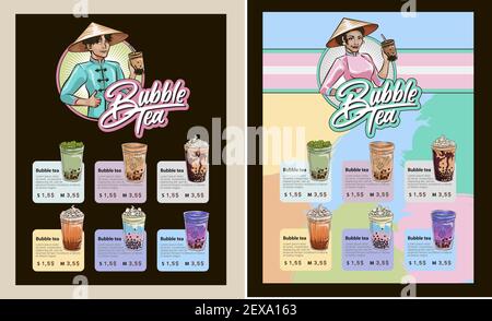 Menü-Design und Flyer Thai Perle Blase Tee-Menü für Ihr Café mit Blase Tee Getränke Design für vietnamesischen Tee Business-Druckset Stock Vektor