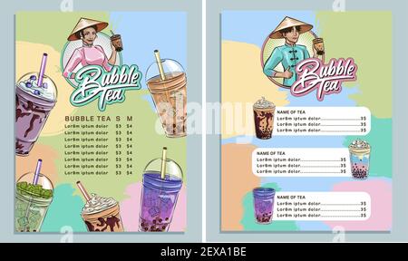 Menü-Design und Flyer Thai Perle Blase Tee-Menü für Ihr Café mit Blase Tee Getränke Design für vietnamesischen Tee Business-Druckset Stock Vektor