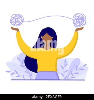 Schwarze Frau mit verworrenem Faden. Psychische Probleme und Pflegekonzept. Vektordarstellung im flachen Stil. Stock Vektor