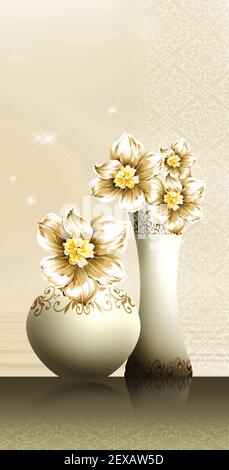 3D Illustration Vasen. Goldenen Baum der Blumen und hellen Hintergrund. Leinwand Kunst für Wandrahmen. Stockfoto