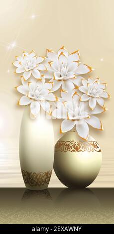 3D Illustration Vasen. Goldenen Baum der Blumen und hellen Hintergrund. Leinwand Kunst für Wandrahmen. Stockfoto