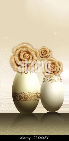 3D Illustration Vasen. Goldenen Baum der Blumen und hellen Hintergrund. Leinwand Kunst für Wandrahmen. Stockfoto