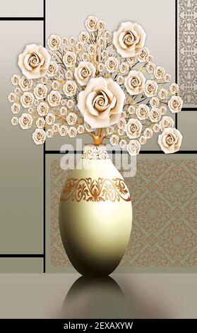 3D Illustration Vasen. Goldenen Baum der Blumen und hellen Hintergrund. Leinwand Kunst für Wandrahmen. Stockfoto