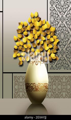 3D Illustration Vasen. Goldenen Baum der Blumen und hellen Hintergrund. Leinwand Kunst für Wandrahmen. Stockfoto