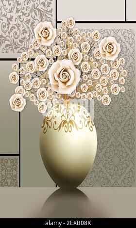 3D Illustration Vasen. Goldenen Baum der Blumen und hellen Hintergrund. Leinwand Kunst für Wandrahmen. Stockfoto