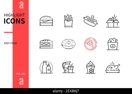 Fast Food - modernes Line-Design Stil Ikonen gesetzt. Café-Menü, Online-Lebensmittel Bestellung Idee. Bilder von Hamburger, pommes Frites, Hot Dog, Wok, Sandwich, Donut Stock Vektor