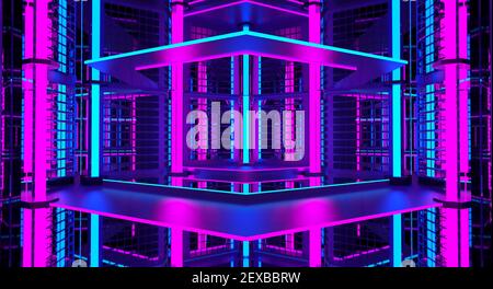 3D rosa violett blau Neon abstrakter Hintergrund. Einrichtung des Nachtclubs. Ultraviolette Podium Dekoration leeren Raum. Leuchtende Lichter. Rendern. Stockfoto