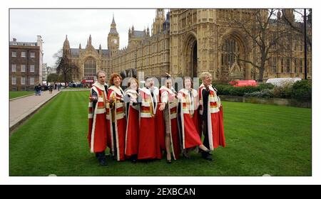 Die Chefregierungsleitung Lord Carter führt seine Lords und Baronesses in einer mitreißenden Probe des Lords Cabaret an, der Akt, den sie für den vierten Macmillan Parliamentary Palace of Varieties am Donnerstag, dem 31. Januar inszenieren, um Mittel für Macmillians Cancer Relief zu sammeln. (l zu r) Herr Bassam von Brighton,Baroness Hollis von Haringey,Baroness Symons von Vernham Dean,Lord Carter,Baroness Schottland von Asthal,Baroness Farrington von Ribbleton und Lord Davis von Oldham. PIC David Sandison 29/1/2002 (l zu r) Herr Bassam von Römerbrücke Stockfoto