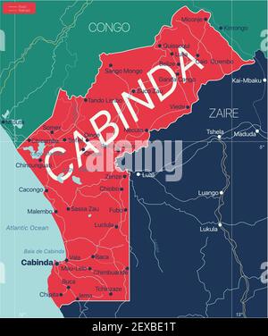 Cabinda Land detaillierte editierbare Karte mit Regionen Städte und Gemeinden, Straßen und Eisenbahnen, geografische Standorte. Vector EPS-10-Datei Stock Vektor
