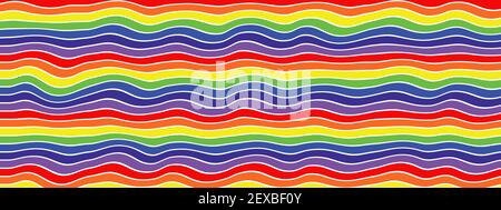 Gewellter Regenbogen Webbanner Hintergrund mit roten, orangefarbenen, gelben, grünen, blauen und indigoblauen Streifen. Stockfoto