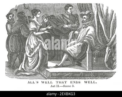 Ein Stich aus dem Jahr 1834, der eine Szene (II. Akt, Szene 3) aus William Shakespeares Stück "All's Well That Ends Well" darstellt, digital koloriert. Stockfoto