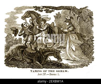 Ein Stich aus dem Jahr 1834, der eine Szene (IV. Akt, Szene 1) aus William Shakespeares Theaterstück 'Taming of the Shrew' darstellt, digital koloriert. Stockfoto