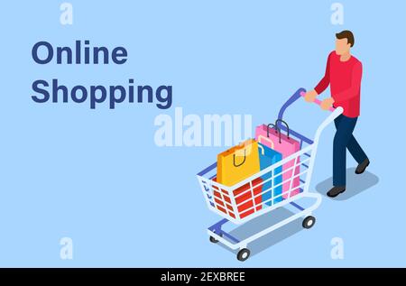 Isometrischer Mann mit Warenkorb. Stock Vektor