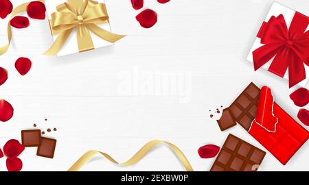 Happy Valentine's Day Hintergrund mit Rosenblättern, Schokolade und Geschenk-Box Vektor Hintergrund. Damen Tag, 8. märz und Feiertage nützlich. Stock Vektor