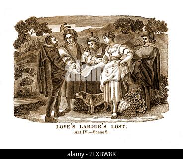 Ein Stich aus dem Jahr 1834, der eine Szene (IV. Akt, Szene 2) aus William Shakespeares Stück 'Love's Labor's Lost' darstellt, digital koloriert. Stockfoto