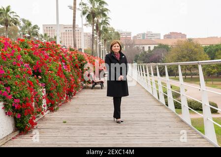 Isabel Bonig posiert für ein Foto an der Pont de Les Flors in Valencia Isabel Placida Bonig Trigueros ist spanische Politikerin und Juristin, Mitglied der Volkspartei (PP). Zwischen 2007 und 2011 war sie Bürgermeisterin der Gemeinde Castellon, La Vall de UXO, zwischen 2011 und 2015 Ministerin für Infrastruktur, Territorium und Umwelt der Generalitat Valenciana. Seit dem 28. Juli 2015 ist sie Präsidentin der Volkspartei der Valencianischen Gemeinschaft. Stockfoto