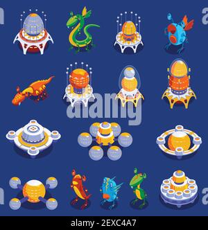 Bunte Cartoon Satz von niedlichen Monster und Alien Kreaturen und Interplanetarische Flugzeuge für Kinder Spiele isoliert Vektor Illustration Stock Vektor