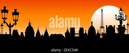 Silhouetten der antiken Architektur von Paris. Paris und seine historischen Wahrzeichen bei Sonnenuntergang. Roter Hintergrund. Stock Vektor