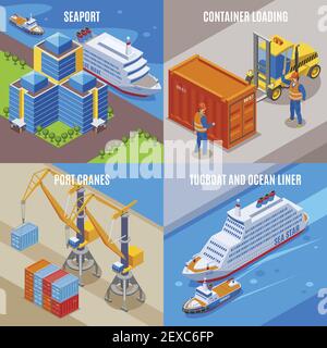 Vier Seaport isometrisches Icon Set mit Container-Ladekranen Schleppboot und Ozeandampfer Beschreibungen Vektor Illustration Stock Vektor