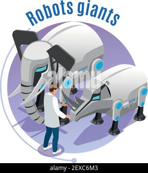 Tier-Roboter farbige und isometrische Emblem mit Robotern Riesen Beschreibung Elefant und Nashorn Vektor Illustration Stock Vektor
