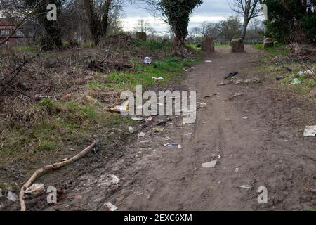 Fliegen kippte Müll und Hausmüll illegal auf den Rand der lokalen Wald deponiert.EIN häufiger Anblick in benachteiligten Gebieten des Vereinigten Königreichs. Stockfoto