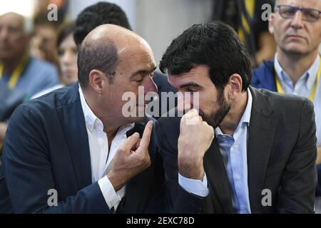 Fotorepertoire, Italien. März 2021, 04th. Rom, 13. Oktober 2018 Nicola Zingaretti und Maurizio Martina während "Piazza Grande" die erste Initiative des Präsidenten der Region Latium an der ehemaligen Zollstelle für die Kandidatur für das Sekretariat der Demokratischen Partei ph. â © Luigi Mistrulli (Rom - 2018-10-13,) PS das Foto kann in Übereinstimmung mit dem Kontext verwendet werden, in dem es aufgenommen wurde, und ohne die diffamierende Absicht des Dekorums der vertretenen Personen nur redaktionelle Verwendung Kredit: Unabhängige Fotoagentur/Alamy Live News Stockfoto