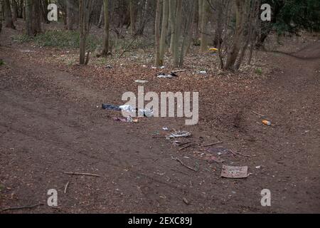 Fliegen kippte Müll und Hausmüll illegal auf den Rand der lokalen Wald deponiert.EIN häufiger Anblick in benachteiligten Gebieten des Vereinigten Königreichs. Stockfoto