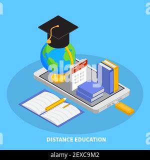 Online-Bildung Zusammensetzung mit Abstand Bildung Symbole isometrische Vektor Illustration Stock Vektor