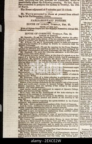 Parlamentarische Mitteilungen mit Berichten des Oberhauses und des Unterhauses in einer Originalausgabe der Zeitung The Times, Dienstag, 25. Februar 1862 Stockfoto