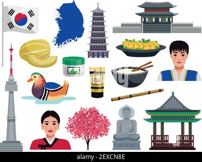 Südkorea Tourismus Reise Set mit isolierten Ikonen der nationalen Symbole kulturelle Werte Lebensmittel und Menschen Vektor Illustration Stock Vektor