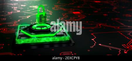 Konzeptuelle Blockierung, die über einem Motherboard-Prozessor schwebt, der schützt Ein Computer von Virusinfektion 3D Render Stockfoto