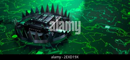 Konzeptionelle Bärenfalle um einen modernen Mikroprozessor auf einem Leiterplatte vor Virenbedrohungen 3D Render Stockfoto