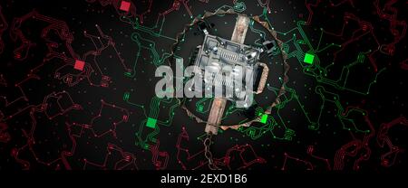 Konzeptionelle Bärenfalle um einen modernen Mikroprozessor auf einem Leiterplatte vor Virenbedrohungen 3D Render Stockfoto