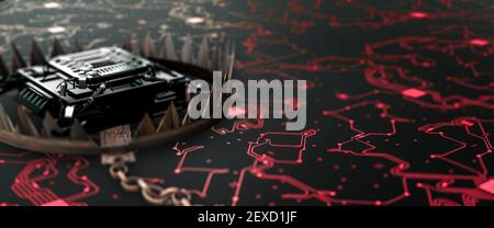 Konzeptionelle Bärenfalle um einen modernen Mikroprozessor auf einem Leiterplatte vor Virenbedrohungen 3D Render Stockfoto