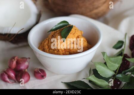 Hausgemachtes Kokosnuss-Chutney mit rotem Chilly zu dosa und untätig, ein Hauptgericht in Südindien. Aufnahme auf weißem Hintergrund Stockfoto