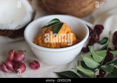 Hausgemachtes Kokosnuss-Chutney mit rotem Chilly zu dosa und untätig, ein Hauptgericht in Südindien. Aufnahme auf weißem Hintergrund Stockfoto