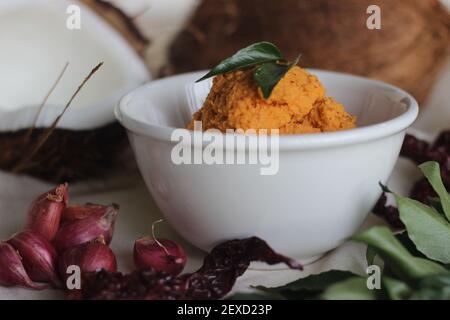 Hausgemachtes Kokosnuss-Chutney mit rotem Chilly zu dosa und untätig, ein Hauptgericht in Südindien. Aufnahme auf weißem Hintergrund Stockfoto