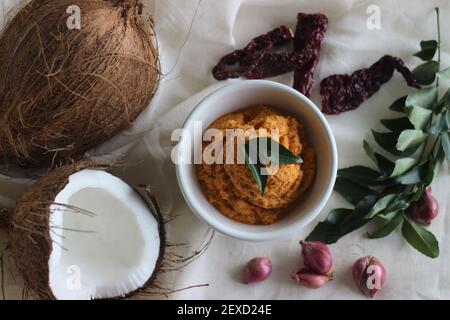 Hausgemachtes Kokosnuss-Chutney mit rotem Chilly zu dosa und untätig, ein Hauptgericht in Südindien. Aufnahme auf weißem Hintergrund Stockfoto