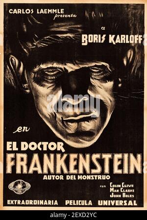 El Doctor Frankenstein - Frankenstein Filmplakat, 1931, einschließlich Boris Karloff - Laemle. Stockfoto