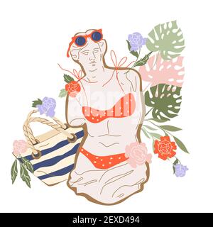 Sommer Banner oder Print für T-Shirt-Design mit griechischen Skulptur der Venus Göttin in Badeanzug und Strand-Accessoires, flache Vektor-Illustration isoliert o Stock Vektor
