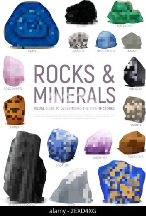 Realistische Stein Mineral visuelle Führung Symbol mit Stein und gesetzt Mineralien visuelle Anleitung zur Bestimmung der Art von Steinen Überschrift vektorgrafik Stock Vektor