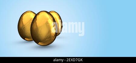 Drei leuchtende goldene Eier auf hellblauem Hintergrund 3D Rendern Stockfoto