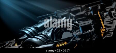 Futuristische Science-Fiction-Maschinen mit beleuchteten Generatoren in einem Dunkle industrielle Umgebung 3D Render Stockfoto